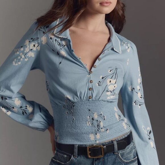 NWT Anthropologie Maeve Smocked Buttondown Top XS‎ Blouse - Picture 3 of 7